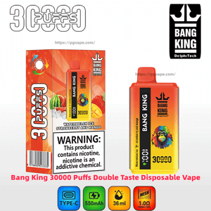 Bright orange gradient Bang King disposable vape next to its boxed packaging marked 30000 puffs, featuring a colorful monkey logo, flavor label 'Watermelon Ice Strawberry and Mango,' a large nicotine warning, and icons for Type-C charging, 550mAh, 36ml capacity and 1.0Ω mesh coil.