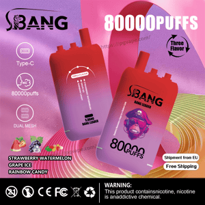Advertisement featuring two red-to-purple gradient S.BANG disposable vape devices with large '80000 PUFFS' text, Type‑C and dual‑mesh icons, 'Triple Flavor' label and flavor names Strawberry Watermelon, Grape Ice and Rainbow Candy, plus shipping and nicotine warning labels on a pink and purple textured background.