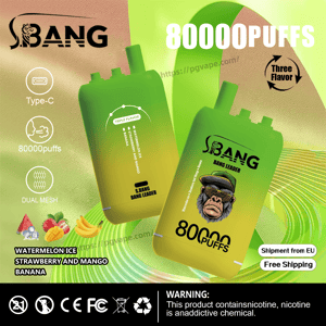 Advertising image showing two bright green S.BANG disposable vape devices labeled 80,000 puffs against a lime-green background, with icons for Type‑C charging and dual mesh, flavor callouts for Watermelon Ice, Strawberry and Mango, and Banana, plus badges for three flavors, EU shipment and free shipping.