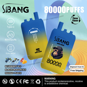 Advertisement showing two S.BANG Bang Leader disposable vape devices in a blue-to-yellow gradient with a cartoon monkey wearing a cap logo, prominent '80000 PUFFS' text, Type-C and dual-mesh icons, flavor names Blueberry Ice, Black Dragon Ice and Mango Peach, shipping badges and a nicotine-warning label on a colorful abstract background.