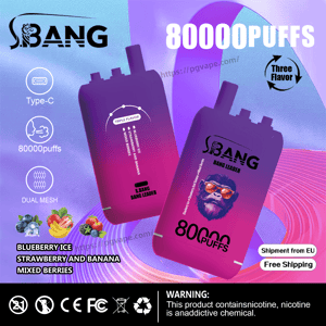 Promotional graphic featuring two purple-pink gradient S.BANG disposable vape devices with bold '80000 PUFFS' branding, icons for Type-C charging and dual mesh, flavor names and fruit illustrations for blueberry ice, strawberry and banana, and mixed berries, plus regulatory icons and a nicotine addiction warning and a 'Shipment from EU / Free Shipping' badge.