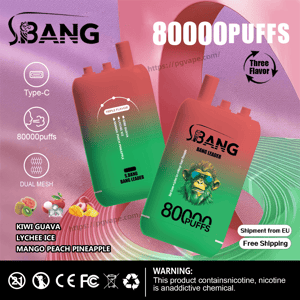 Two red-to-green gradient BANG disposable vape devices with a cartoon monkey logo and prominent '80000 PUFFS' text, accompanied by icons for Type‑C charging and dual mesh, flavor names (Kiwi Guava, Lychee Ice, Mango Peach Pineapple), 'Shipment from EU' and 'Free Shipping' badges, and a nicotine warning at the bottom.