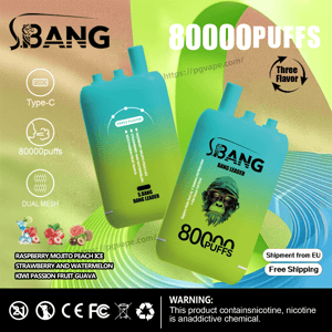 Promotional image of two turquoise-to-green gradient disposable vape devices labeled S.BANG and 80000 PUFFS, set against an abstract green and blue background with icons for Type-C charging, 80000 puffs and dual mesh, a 'Three Flavor' badge, listed flavors (raspberry mojito peach ice; strawberry and watermelon; kiwi passion fruit guava), and 'Shipment from EU' and 'Free Shipping' labels.