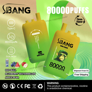 Promotional image of two green-to-yellow disposable vape devices branded S.BANG/BANG LEADER on a green abstract background, highlighting '80000 PUFFS', Type-C charging and dual mesh icons, 'triple flavor' options with small Red Bull, blueberry, watermelon and apple-pear illustrations, shipment from EU and free shipping badges, compliance and age icons, and a nicotine-addiction warning.