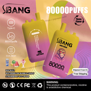 Two yellow-to-pink gradient S.BANG disposable vape devices prominently labeled 80000PUFFS against a colorful textured background, with icons for Type‑C charging, dual mesh, and three flavors (Red Bull, watermelon bubble candy, strawberry ice cream), plus text noting shipment from EU, free shipping, and an addiction warning.