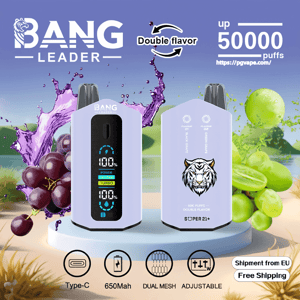 Advertisement showing two lavender Bang Leader disposable vape devices—front side with a digital power/turbo display and back side with a tiger logo—set among splashing purple and green grapes and advertising up to 50,000 puffs, double flavor, Type‑C, 650mAh, dual mesh, adjustable settings, and free EU shipping.