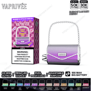 Purple-gradient VAPRIVÉE purse-style disposable vape with a silver chain handle shown beside its pink checkered packaging labeled SOFT 50K / BOOST 30K puffs and a nicotine warning, with a row of flavor swatches and icons noting 22–28W output, dual mesh coils, adjustable airflow, and 900 mAh battery below