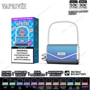 Blue-to-silver gradient mesh, handbag-shaped Vapriée disposable vape with a silver chain handle pictured next to its colorful product box labeled Soft 50K/Boost 30K, nicotine warning, and icons noting dual mesh coils, adjustable airflow and a 900 mAh battery.