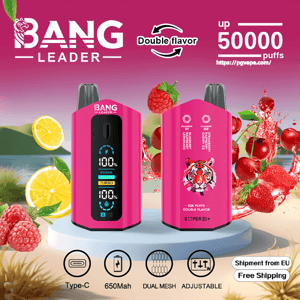 Bright pink Bang Leader vape device shown front and back with a digital display and tiger emblem, set against a fruit splash backdrop of raspberries, strawberries, cherries and lemon slices, advertising double flavor and up to 50,000 puffs with icons for Type‑C, 650mAh, dual mesh, adjustable settings and a Free Shipping EU shipment note.