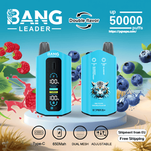 Two turquoise BANG Leader vape devices — one showing a digital front display and the other a tiger-logo back — surrounded by raspberries and blueberries with text advertising double flavor, up to 50,000 puffs, Type-C, 650mAh, dual mesh and adjustable features, and free EU shipping.