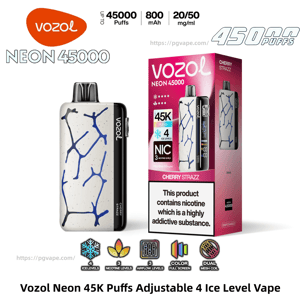 Vozol Neon 45000 disposable vape in white with a blue crack pattern shown beside its pink 'Cherry Strazz' box labeled 45K puffs, 800 mAh and 20/50 mg/ml, with a visible nicotine warning and icons for adjustable 4 ice levels, 3 nicotine levels, 3 airflow levels, color screen and dual mesh coil.