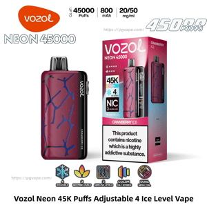 Vozol Neon 45000 disposable vape and matching Cranberry Ice box, showing a maroon device with blue branch-like pattern next to packaging labeled 45K puffs, 4 ice levels and a nicotine addiction warning.