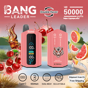 Two pink Bang Leader vape devices shown front and back, the front displaying a digital screen and the back featuring a tiger logo, set among splashes of cherries, cola and grapefruit with branding text advertising double flavor and up to 50,000 puffs and icons for Type‑C, 650mAh, dual mesh and adjustable.
