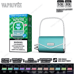 Teal textured VAPRIVÉE vape styled like a small clutch with a silver chain handle and chrome ends beside its green retail box labeled Soft 50K/Boost 30K and nicotine warning, with feature icons and flavor swatches along the bottom.