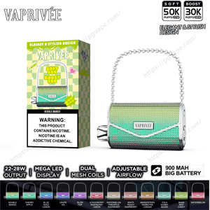 VAPRIVÉE disposable vape styled as a small metallic green-gradient mesh handbag with a silver chain handle shown beside its matching green checkered box bearing 'Soft 50K Boost 30K' and a nicotine warning, with icons and color-flavor variations along the bottom.