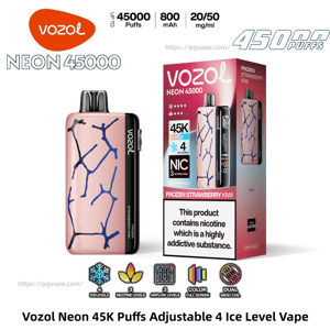 Pink Vozol Neon 45000 disposable vape with a blue crack pattern shown next to its matching boxed packaging labeled Frozen Strawberry Kiwi, with callouts for 45K puffs, 800 mAh, nicotine strength options and a prominent on-box nicotine addiction warning.