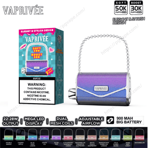 Stylish VAPRIVÉE grape-ice disposable vape shaped like a metallic purple-blue mesh mini-handbag with a silver chain handle and logo plate shown next to its teal-and-pink box advertising 'Soft 50K Boost 30K' puff claims and a nicotine warning, with feature icons (22–28W output, dual mesh coils, adjustable airflow, 900 mAh battery) and a row of flavor swatches along the bottom.