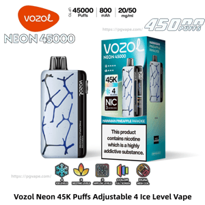 Vozol Neon 45000 disposable vape device and product box in a blue cracked-pattern finish labeled Hawaiian Pineapple Paradise, showing 45K puffs, 800 mAh battery, 20/50 mg/ml nicotine options, adjustable ice and airflow levels, and a prominent nicotine addiction warning.