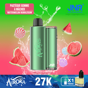 Green metallic Aurora JNR disposable vape device centered on a pink-to-green gradient background with watermelon slices and striped bubblegum candies, labeled Watermelon Bubblegum and showing Aurora, JNR and 27K branding with a small 10ml e-liquid bottle icon.