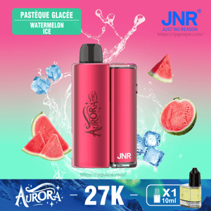 Two metallic pink Aurora/JNR vape devices centered against a pink-to-teal background with splashing water, ice cubes and watermelon slices, labeled 