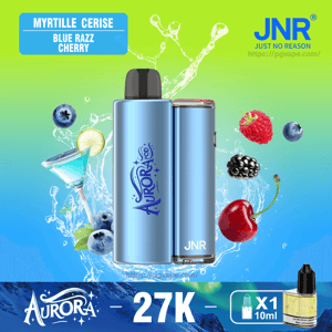 Blue metallic Aurora JNR vape device centered against a green-to-blue gradient with splashing water, surrounding fruits (blueberries, cherry, raspberry, blackberry) and a blue cocktail, top-left label reading 'MYRTILLE CERISE BLUE RAZZ CHERRY', JNR logo top-right and a '27K' banner with a 'X1 10ml' bottle icon at the bottom.