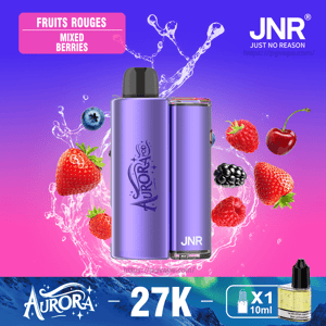 Two metallic purple Aurora JNR vape devices centered on a pink-to-violet gradient with water splashes and mixed berries (strawberry, raspberry, blackberry, blueberry, cherry), a 'Fruits Rouges / Mixed Berries' label at the top, large '27K' at the bottom and a small 10 ml e-liquid bottle icon.