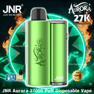 Two metallic green JNR Aurora disposable vape devices, one shown front and one side with a black mouthpiece, displayed against a glowing teal geometric circle with flames and advertising text reading JNR Just No Reason and Aurora 27K indicating a 27,000‑puff product.