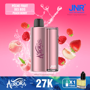 Pink metallic Aurora JNR vape device centered on a pink background with splashing peaches, strawberries and raspberries, labeled Peach Berry flavor and showing the JNR logo, '27K' and 'X1 10ml' indicators.