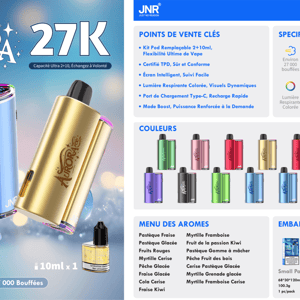 Promotional poster for the JNR Aurora 27K vape showing three metallic pod devices (blue, rainbow and gold) arranged diagonally, a small 10ml e‑liquid bottle, large “27K” and “Environ 27 000 Bouffées” labels, and a right-side panel in French detailing specifications, color variants, flavor menu and packaging options.