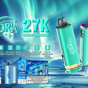 Promotional banner for JNR's Aurora 27K showing teal and blue vape devices, replacement pods and boxed packaging in the foreground, large stylized 'AURORA 27K' lettering and feature icons against an aurora-filled night-sky background.