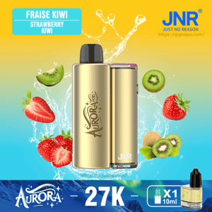 Promotional graphic showing a gold Aurora JNR vape device centered against a splash background with strawberries and kiwi slices, labeled 'Fraise Kiwi Strawberry Kiwi' with the JNR logo, '27K' text and a 10ml e-liquid bottle icon.