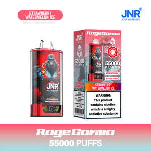 Red disposable vape device and matching retail box featuring a muscular gorilla illustration and 'RageGorilla' and 'JNR Just No Reason' branding, labeled flavor 'Strawberry Watermelon Ice', claiming '55,000 puffs', and showing a nicotine addiction warning.