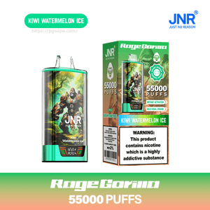 Green-themed JNR RageGorilla disposable vape and matching box featuring an armored gorilla illustration, labeled Kiwi Watermelon Ice and 55,000 PUFFS, with JNR logo and a prominent nicotine warning label.