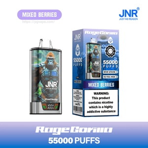 Disposable vape device and matching box side-by-side featuring a futuristic armored gorilla illustration, JNR branding with 'RageGorilla', 'Mixed Berries' flavor label, '55,000 PUFFS' text and a nicotine warning panel.