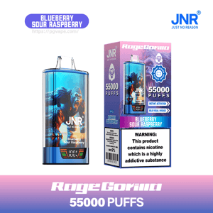 Metallic blue disposable vape and matching box branded JNR 'Roge Gorilla' featuring a roaring gorilla graphic, 'Blueberry Sour Raspberry' flavor, '55,000 puffs' claim, and a prominent nicotine addiction warning.