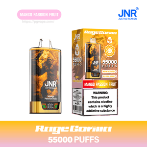 Gold and orange JNR Rage Gorilla disposable vape device beside its matching box, showing a gorilla graphic, 'Mango Passion Fruit' flavor label, prominent '55,000 puffs' claim and a boxed nicotine warning, set on a white background.