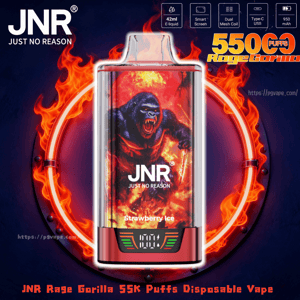 Reklamgrafik av en JNR (Just No Reason) engångsvape med en rytande gorillaillustration märkt "Strawberry Ice", centrerad inuti en flammande cirkulär ring på en mörk bakgrund, med JNR-logotypen, ett djärvt puff-count-påstående, funktionsikoner (42 ml e-vätska, smart skärm, dubbla mesh a mA-spolar, USB och 90C mAh) .