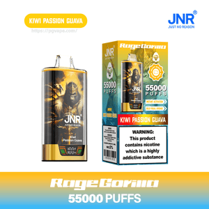 Product shot of a JNR RageGorilla disposable vape and its packaging for Kiwi Passion Guava, showing a black-and-gold device with a gorilla illustration, the JNR logo, a prominent 