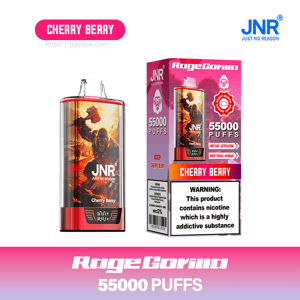 Disposable vape device and boxed packaging for JNR RageGorilla Cherry Berry, featuring a red-orange gorilla graphic, '55000 PUFFS' claim, brand logos and a prominent nicotine warning label.