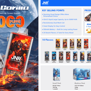 Promotional poster for JNR 'Rage Gorilla' disposable vape showing two gorilla-themed devices surrounded by fire and a volcanic landscape with large '5500 PUFFS' text, and a right panel detailing key selling points, product specs, flavor thumbnails and packaging options.