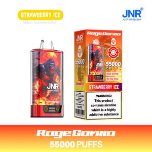 Box and matching disposable vape device labeled JNR RageGorilla 'Strawberry Ice' featuring fiery gorilla artwork, prominent '55,000 puffs' claim and a nicotine addiction warning.