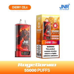 Red and black JNR RageGorilla Cherry Cola disposable vape and matching box featuring a roaring fiery gorilla graphic, '55000 PUFFS' claim, JNR logo and a nicotine warning label.