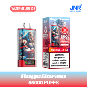Red and blue JNR 'RageGorilla' disposable vape device and matching box labeled Watermelon Ice featuring gorilla artwork, a prominent 55,000 puffs claim, and a nicotine warning label.