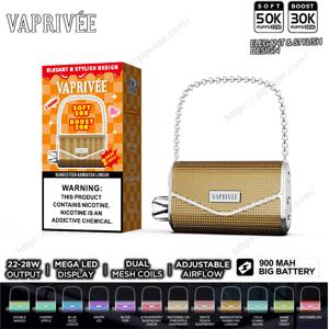 Gold textured VAPRIVÉE purse-shaped vape with silver chain handle displayed beside its orange retail box labeled “Soft 50K Boost 30K” with a nicotine warning, surrounded by icons for 900 mAh battery, adjustable airflow and dual mesh coils and a row of flavor swatches below.