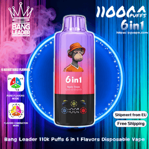 Bright neon advertisement centered on a purple-to-black disposable vape device labeled “6in1” and “Bang Leader 110k puffs,” set against a glowing circular backdrop with a crown logo at top-left, icons and text for six adjustable flavors on the left, and “Shipment from EU” and “Free Shipping” badges on the right.