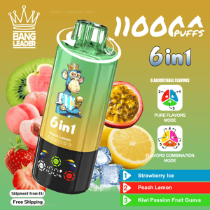 Colorful promotional poster for a Bang Leader 6-in-1 disposable vape showing a green-to-yellow device with a crowned monkey logo, large “11000 puffs” and flavor-mode icons, surrounded by strawberries, peaches, kiwi, passion fruit, lemon slices and ice cubes and labeled flavors including Strawberry Ice, Peach Lemon and Kiwi/Passion Fruit/Guava with 'Shipment from EU' and 'Free Shipping' notices.