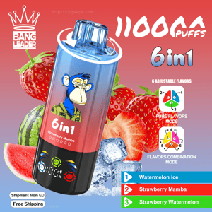 Colorful advertisement for a Bang Leader 6-in-1 disposable vape showing a blue-and-red device labeled “6in1 Strawberry Mamba” with a cartoon blue ape, surrounded by strawberries, watermelon slices and ice, and text noting 11,000 puffs, six adjustable flavors and flavor-combination icons.