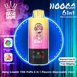Colorful advertisement showing a gradient 6-in-1 disposable vape centered inside a glowing blue ring featuring a cartoon monkey wearing headphones, branded Bang Leader and labeled 110k puffs, with icons for six adjustable flavors and badges reading Shipment from EU and Free Shipping.