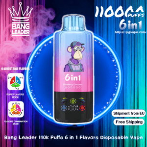 Colorful advertisement showing a tall disposable vape with a pink-to-blue gradient label featuring a cartoon ape in a cap, a black base with colored control icons and digital counter, surrounded by a neon blue ring and text promoting 'Bang Leader', '6 in 1' flavors, a high puff count, and free EU shipping.