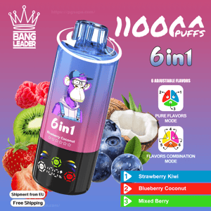 Colorful advertisement showing a cylindrical 6-in-1 Bang Leader vape device with a cartoon ape on a purple-blue gradient body, '11000 puffs' label, surrounding fruits (strawberry, kiwi, raspberry, blueberries, coconut), and a flavor list naming Strawberry Kiwi, Blueberry Coconut and Mixed Berry.